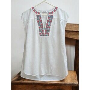 Madewell M Gauzy Cotton Cap Sleeve White Embroidered Casual Top